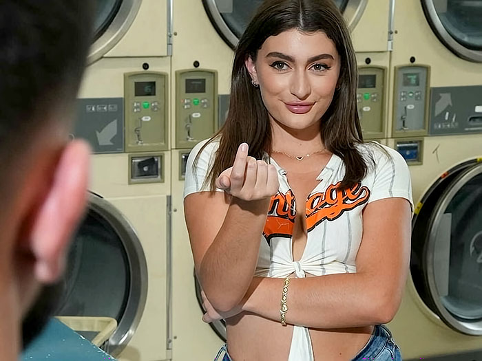 Bubble butt brunette Mae Milano gets fucked in the laundromat by friend's brother