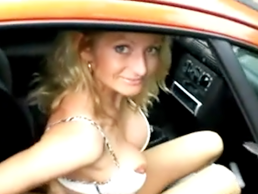 Busty blonde gets facialed by the highway